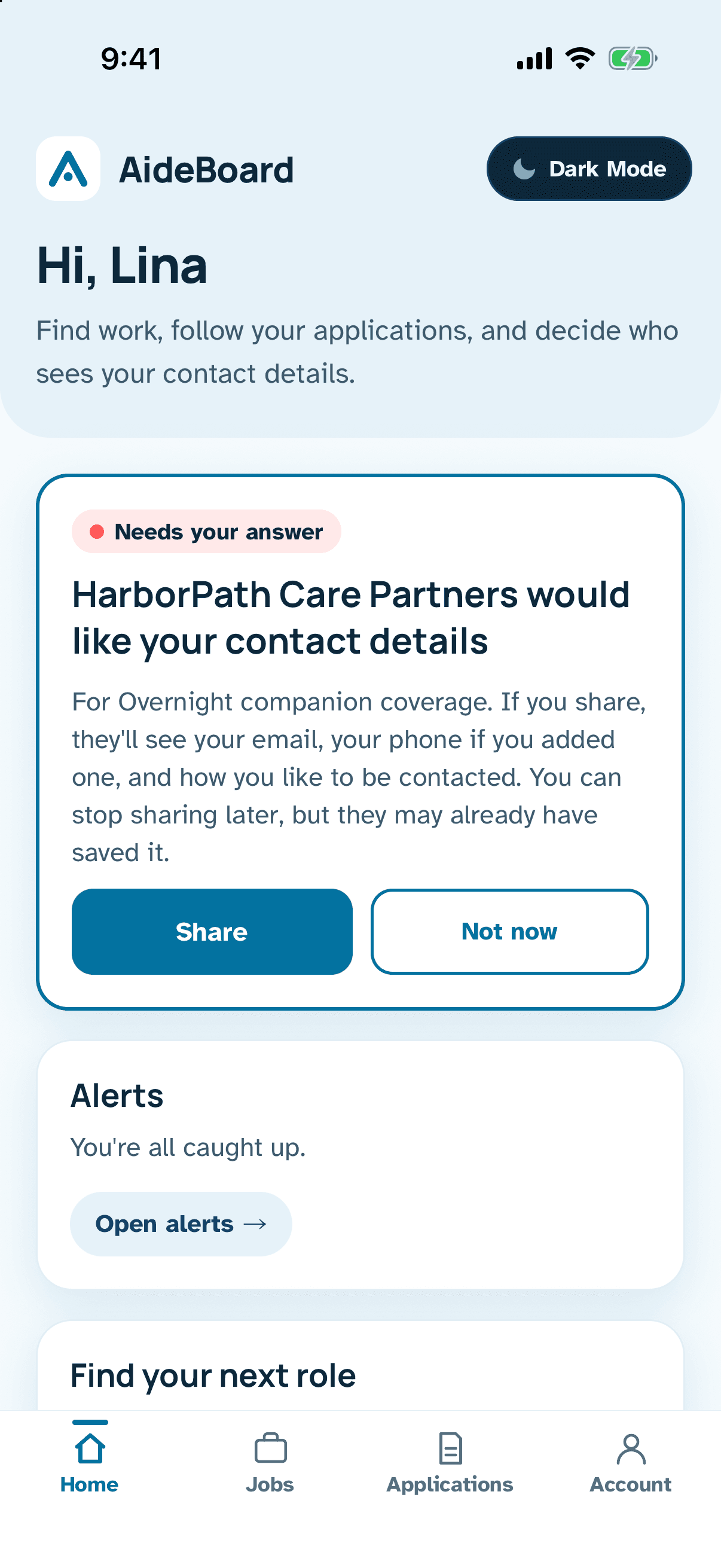 The AideBoard phone app's home screen in light mode, with a contact request to answer.