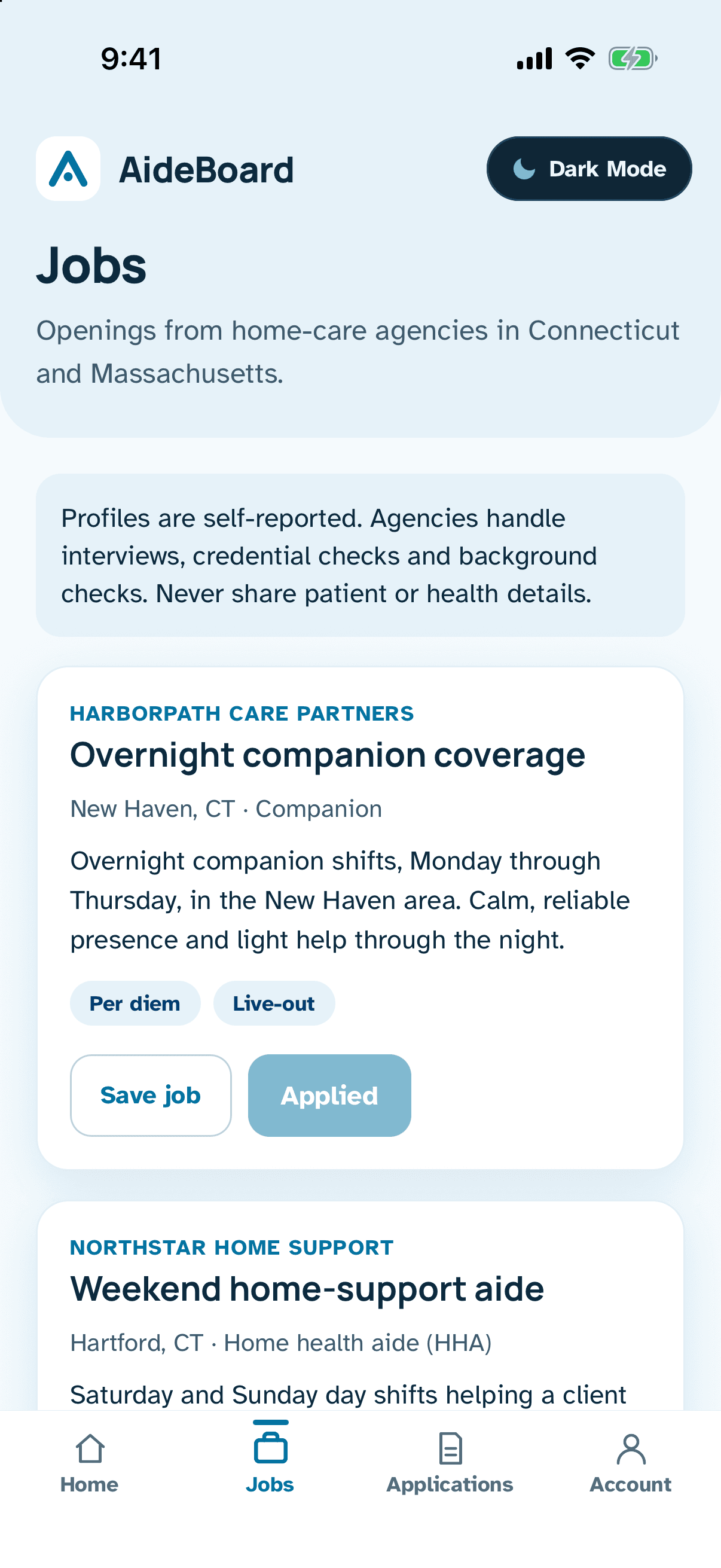 The AideBoard phone app's jobs list.