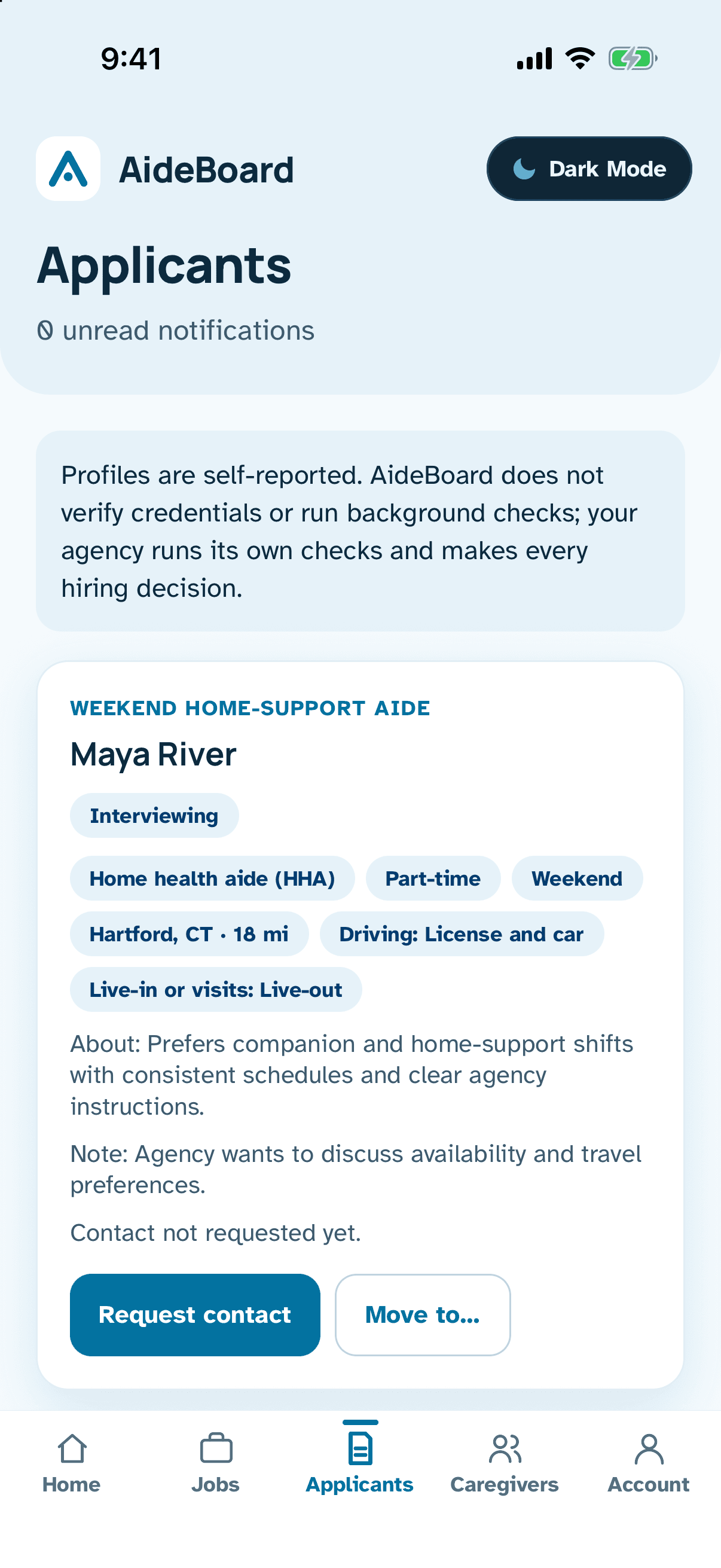 The AideBoard phone app's applicants list for an agency.