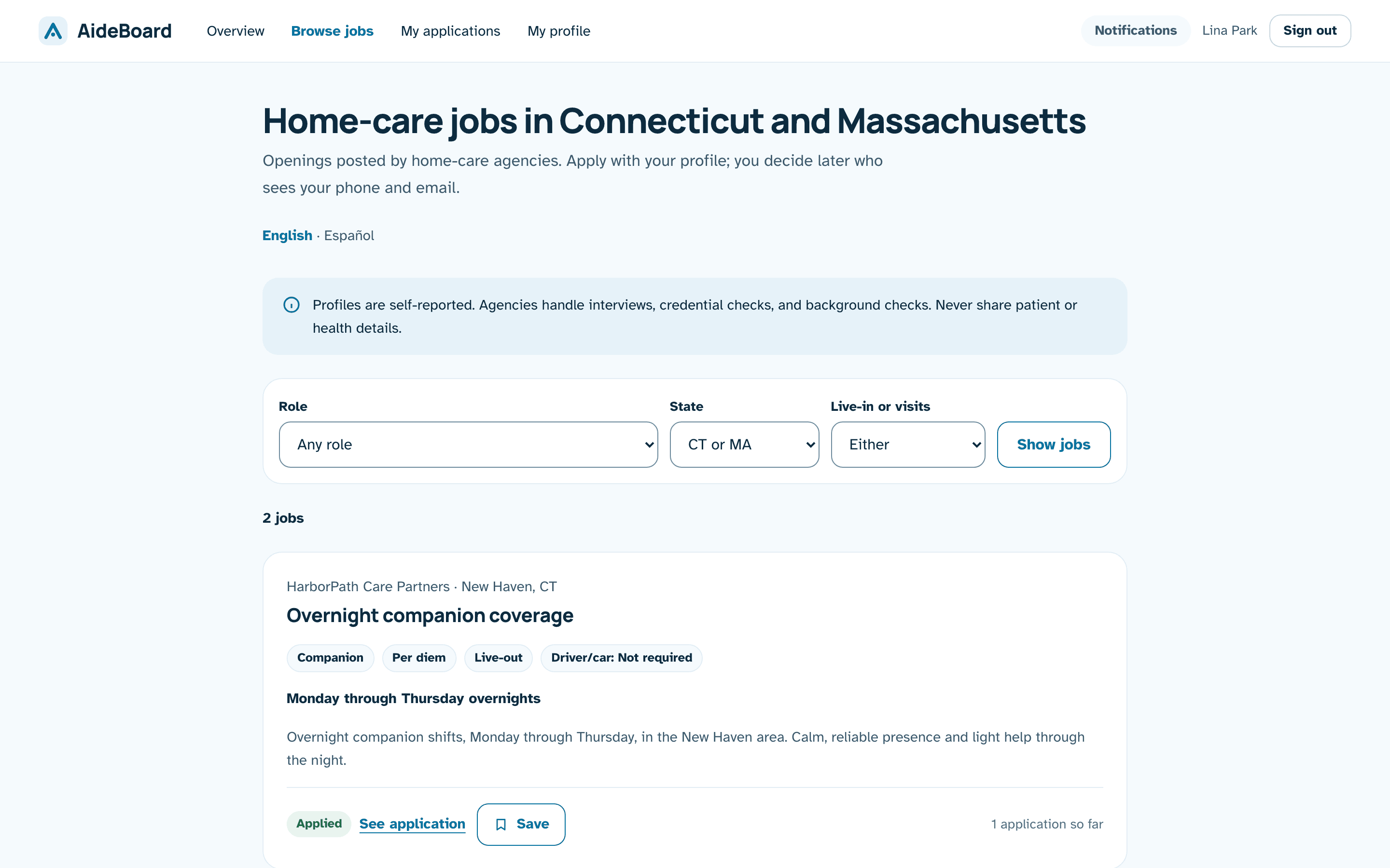 The AideBoard jobs page listing two openings: overnight companion coverage and a weekend home-support aide.