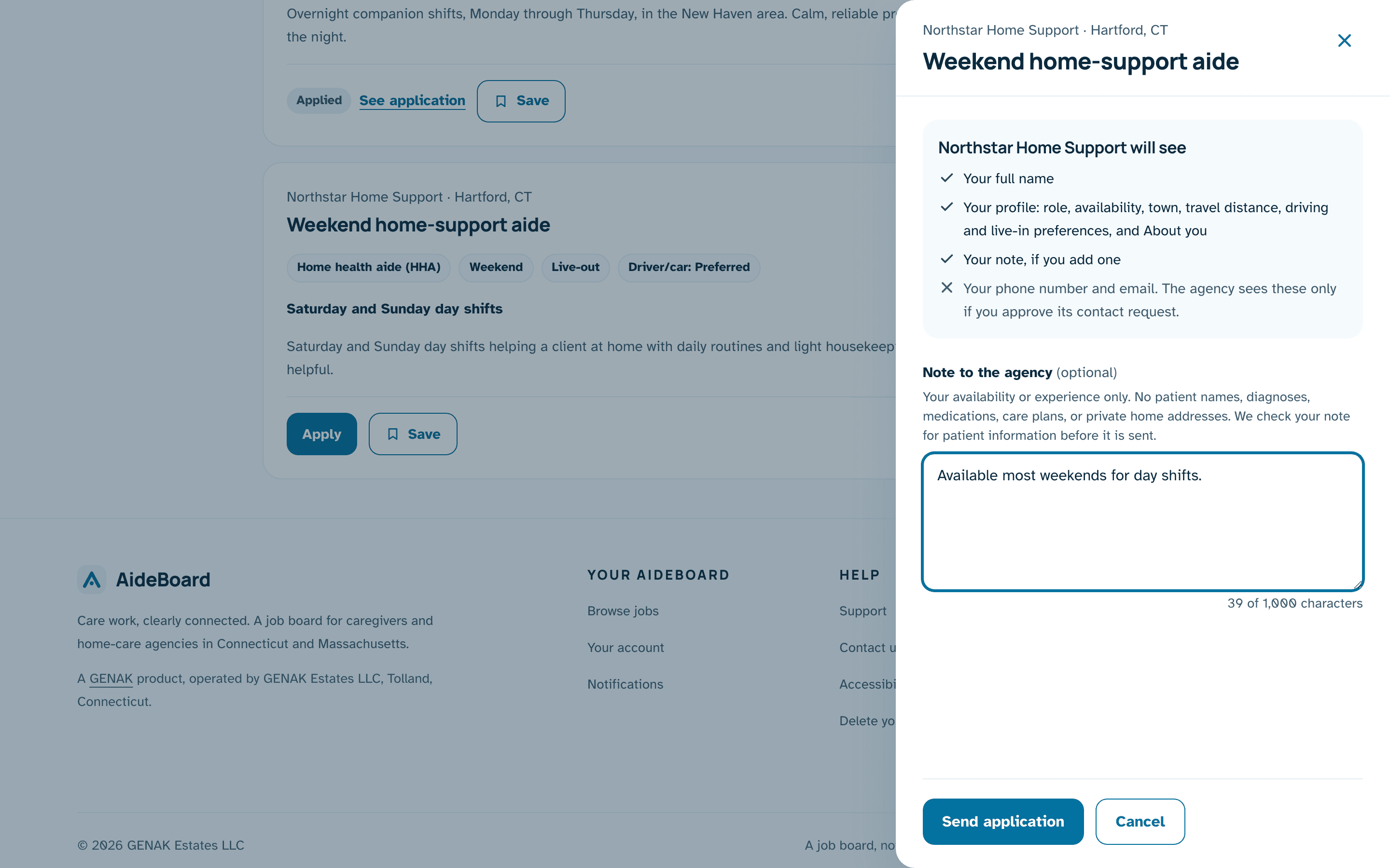 The apply panel for a weekend job, listing what the agency will see and noting that your phone number and email are not shared.