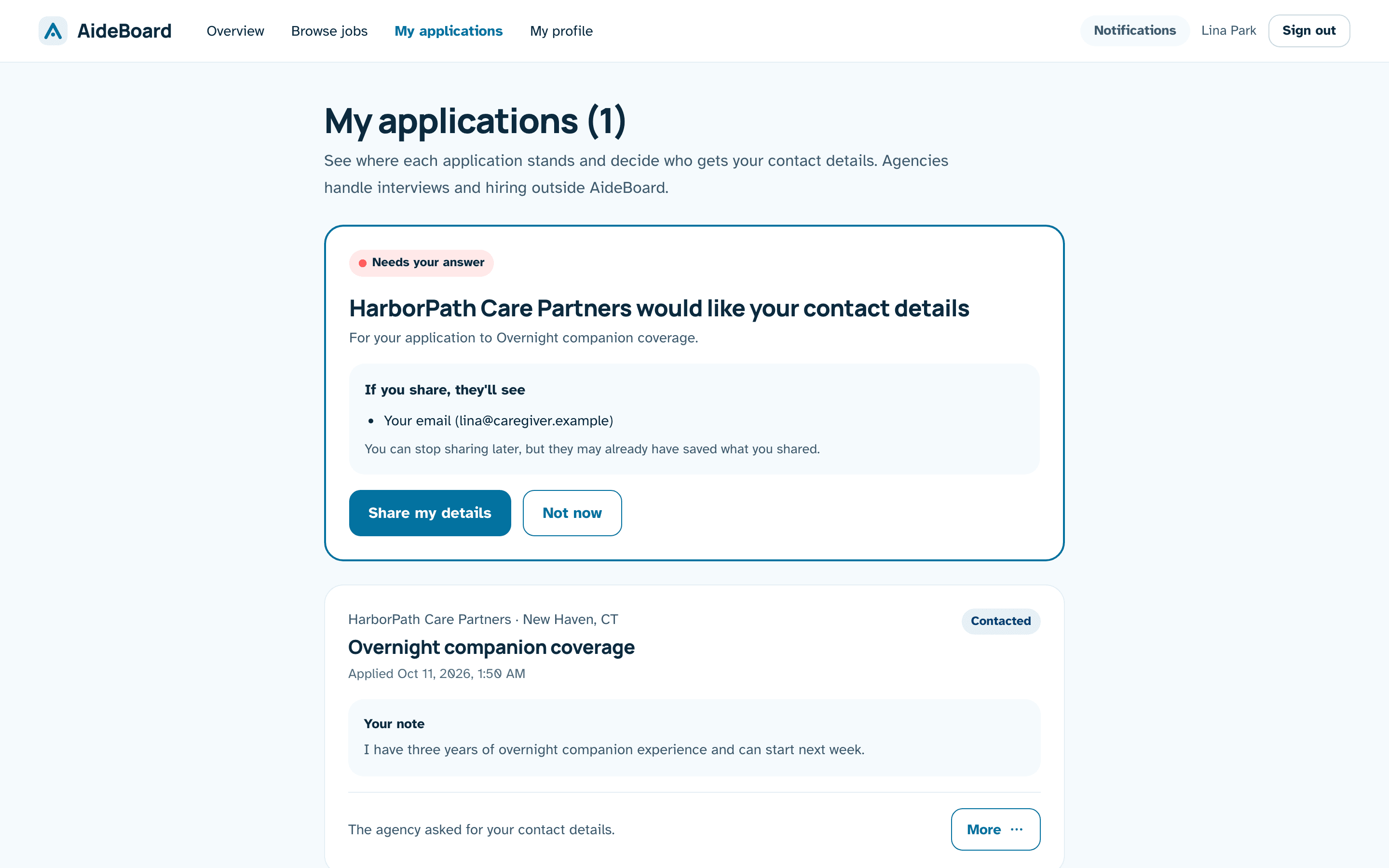 My applications, with a Needs your answer card: an agency would like your contact details, with Share my details and Not now buttons.