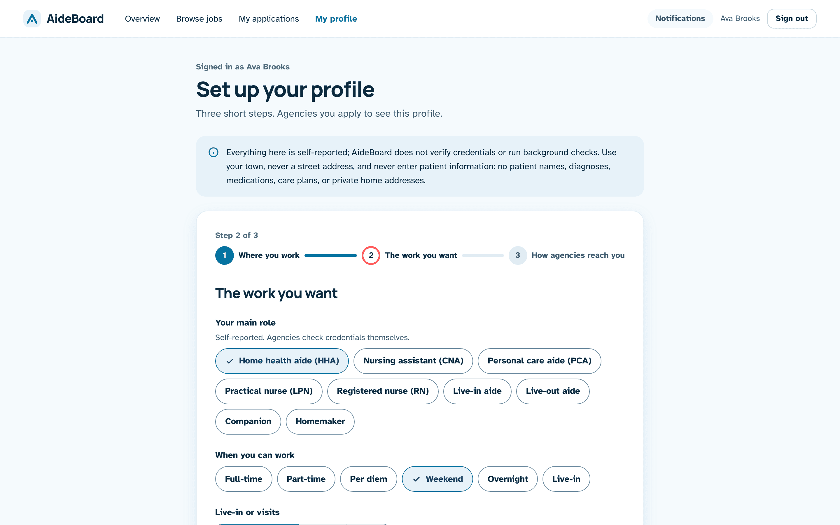 Step 2 of 3 of the profile, with the main role and the days you can work chosen as tappable chips.