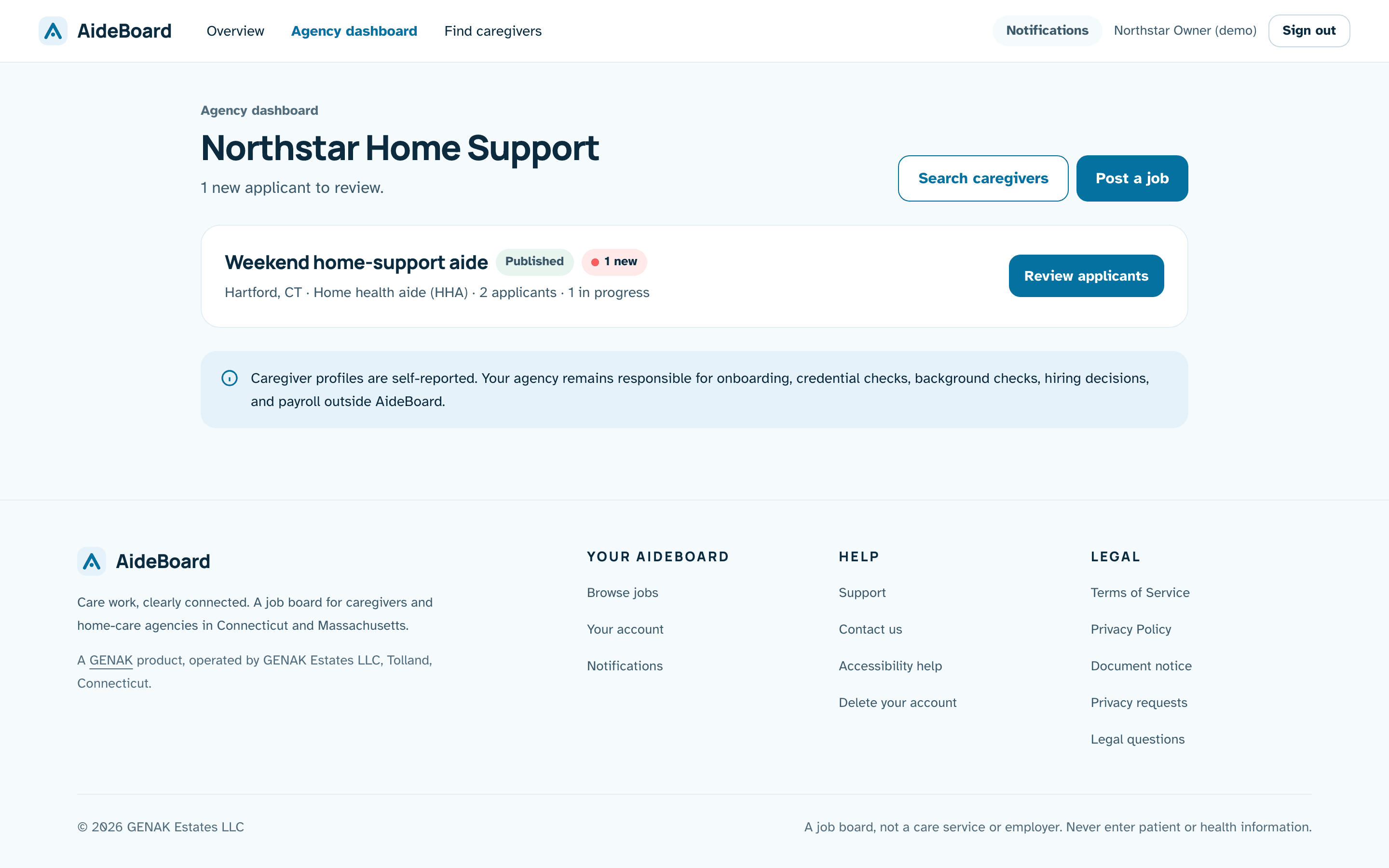 The agency dashboard showing a published weekend job with one new applicant.