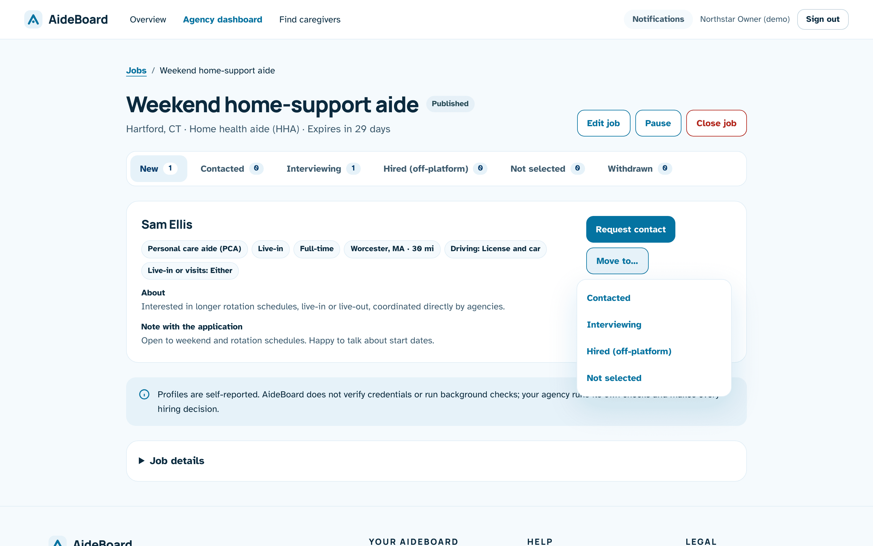 The Move to menu open on an applicant, offering Contacted, Interviewing, Hired (off-platform) and Not selected.