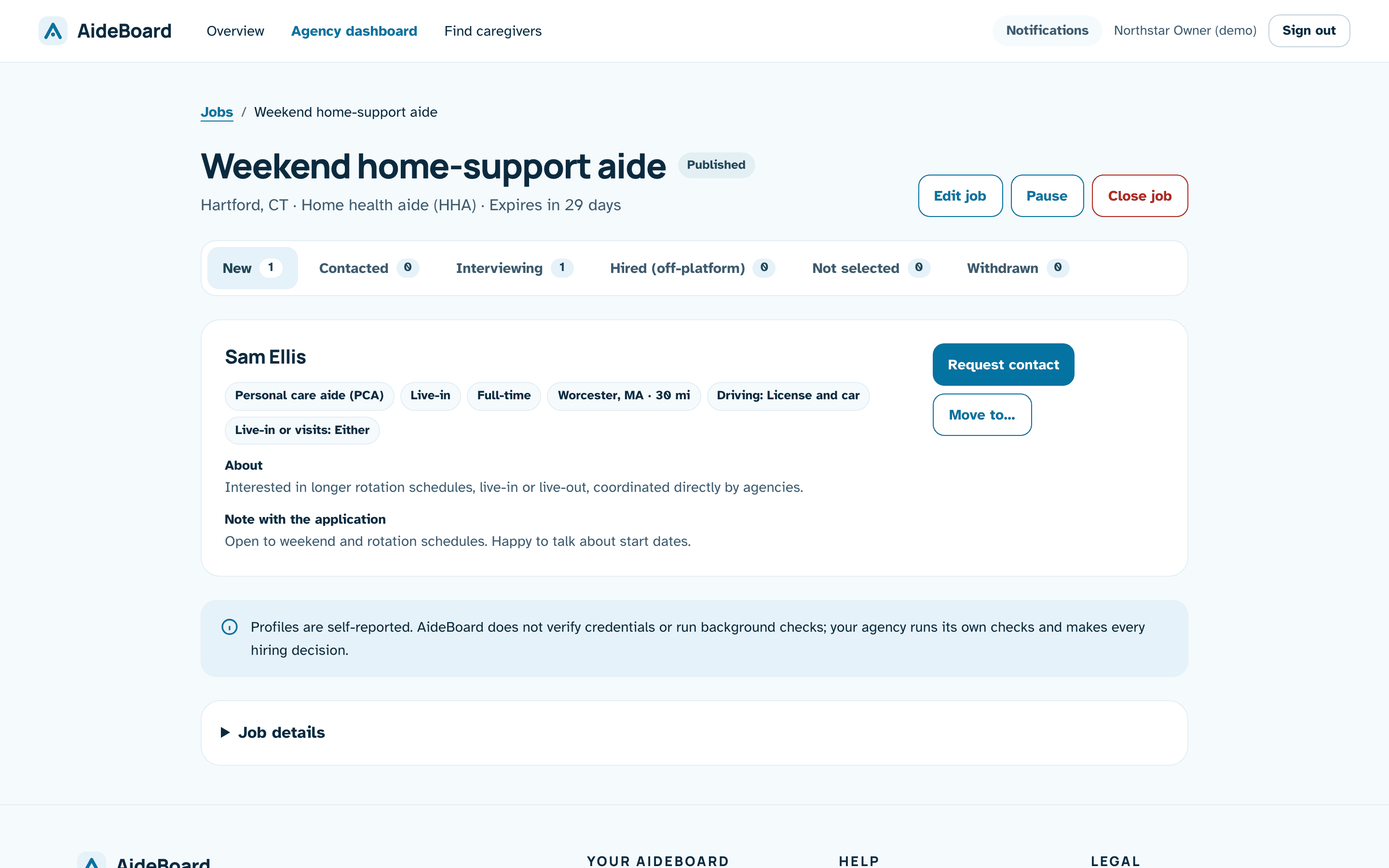 An applicant's profile on a job page, with Request contact and Move to buttons.